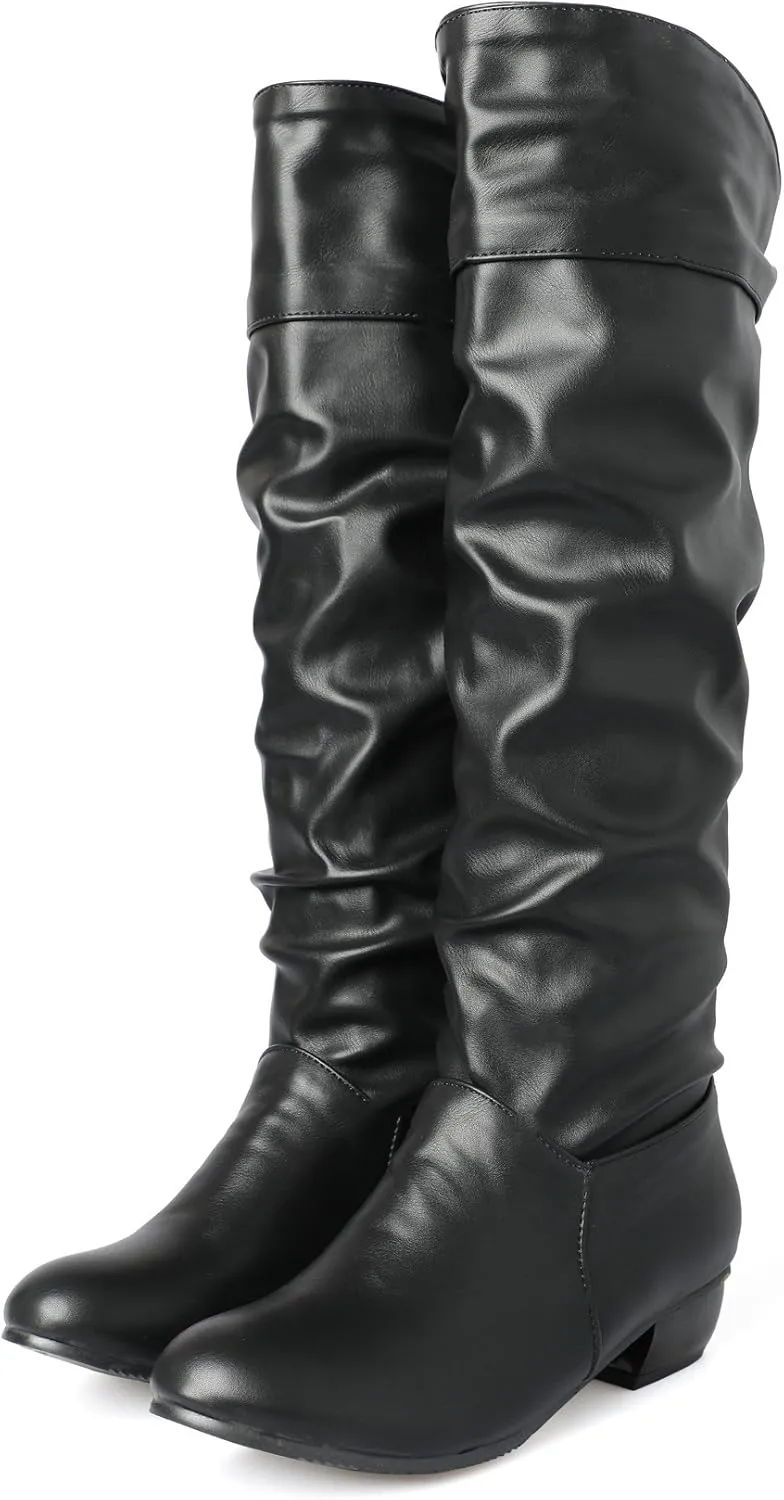 Sungtin Women's Faux Leather Knee High Flat Slouch Boots