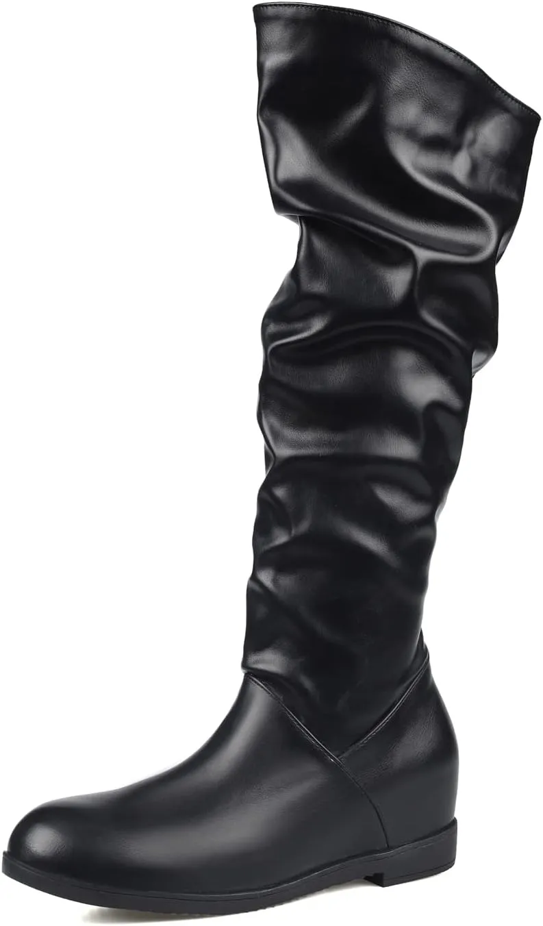 Sungtin Women's Faux Leather Knee High Flat Slouch Boots