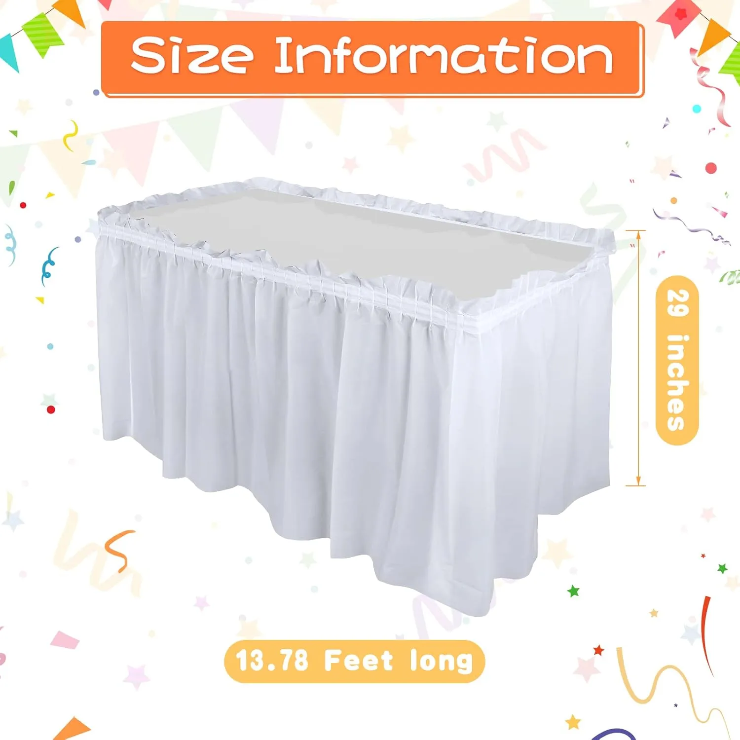 Tegeme 8 Pieces 29 in x 14 ft Plastic Table Skirts for Rectangle Tables Disposable Ruffle Table Skirts with Adhesive Strip for Party Wedding Reception Birthday baby shower (White)