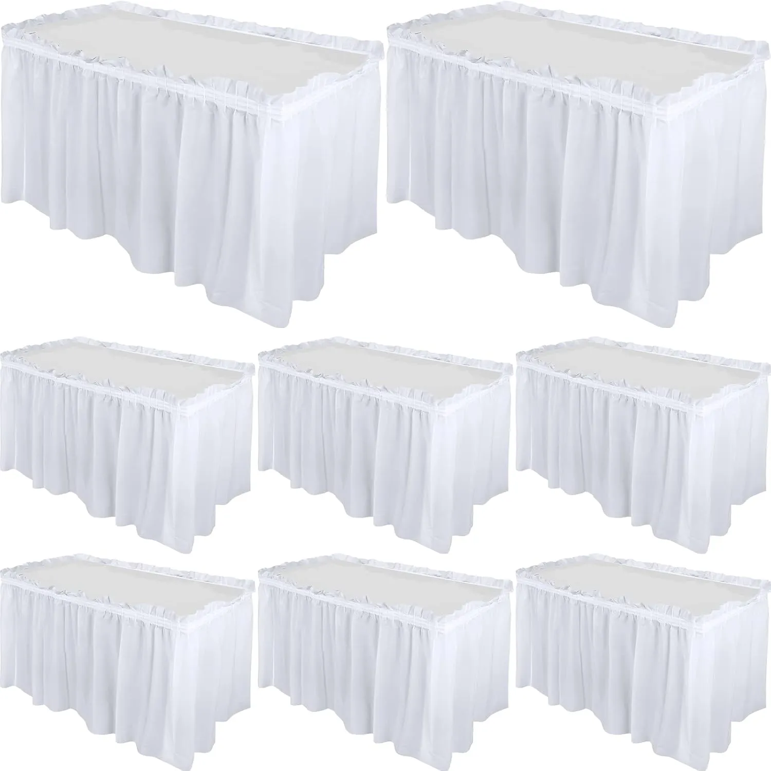 Tegeme 8 Pieces 29 in x 14 ft Plastic Table Skirts for Rectangle Tables Disposable Ruffle Table Skirts with Adhesive Strip for Party Wedding Reception Birthday baby shower (White)