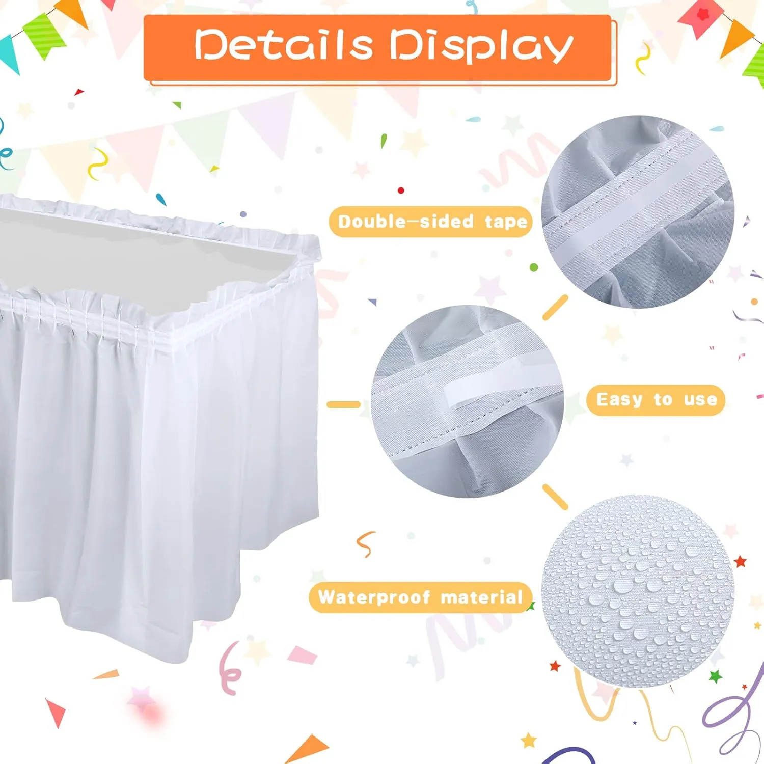 Tegeme 8 Pieces 29 in x 14 ft Plastic Table Skirts for Rectangle Tables Disposable Ruffle Table Skirts with Adhesive Strip for Party Wedding Reception Birthday baby shower (White)