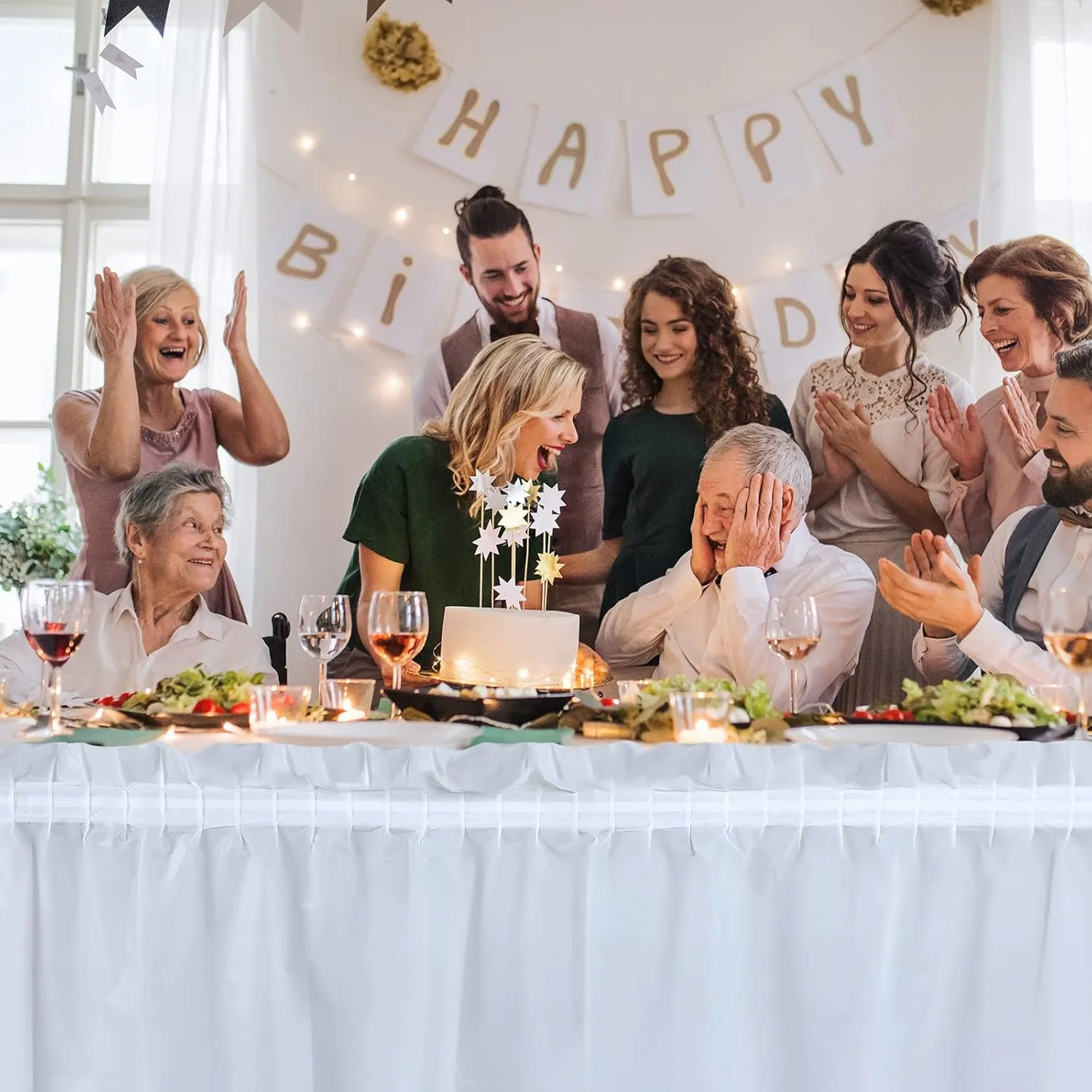 Tegeme 8 Pieces 29 in x 14 ft Plastic Table Skirts for Rectangle Tables Disposable Ruffle Table Skirts with Adhesive Strip for Party Wedding Reception Birthday baby shower (White)