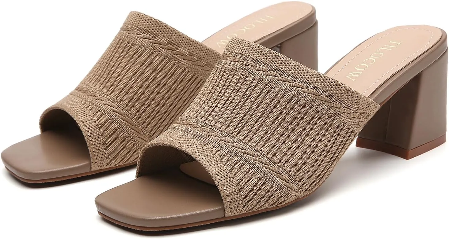 Tilocow Knit Heeled Sandals Chunky Low Block Heel Mules for Women Square Open Toe Heels Slip On Breathable Slides Sandal