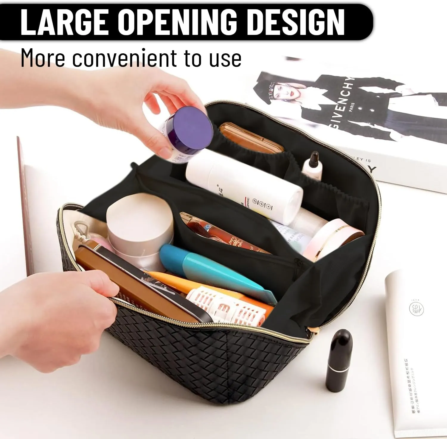 Travel Cosmetic Bags for Women - PU Leather Makeup Bag with Led Pocket Mirror - Waterproof Make up Organizers Bag - Makeup Toiletry Travel Bag - Cosmetics Organizer Bag - Makeup Travel Case