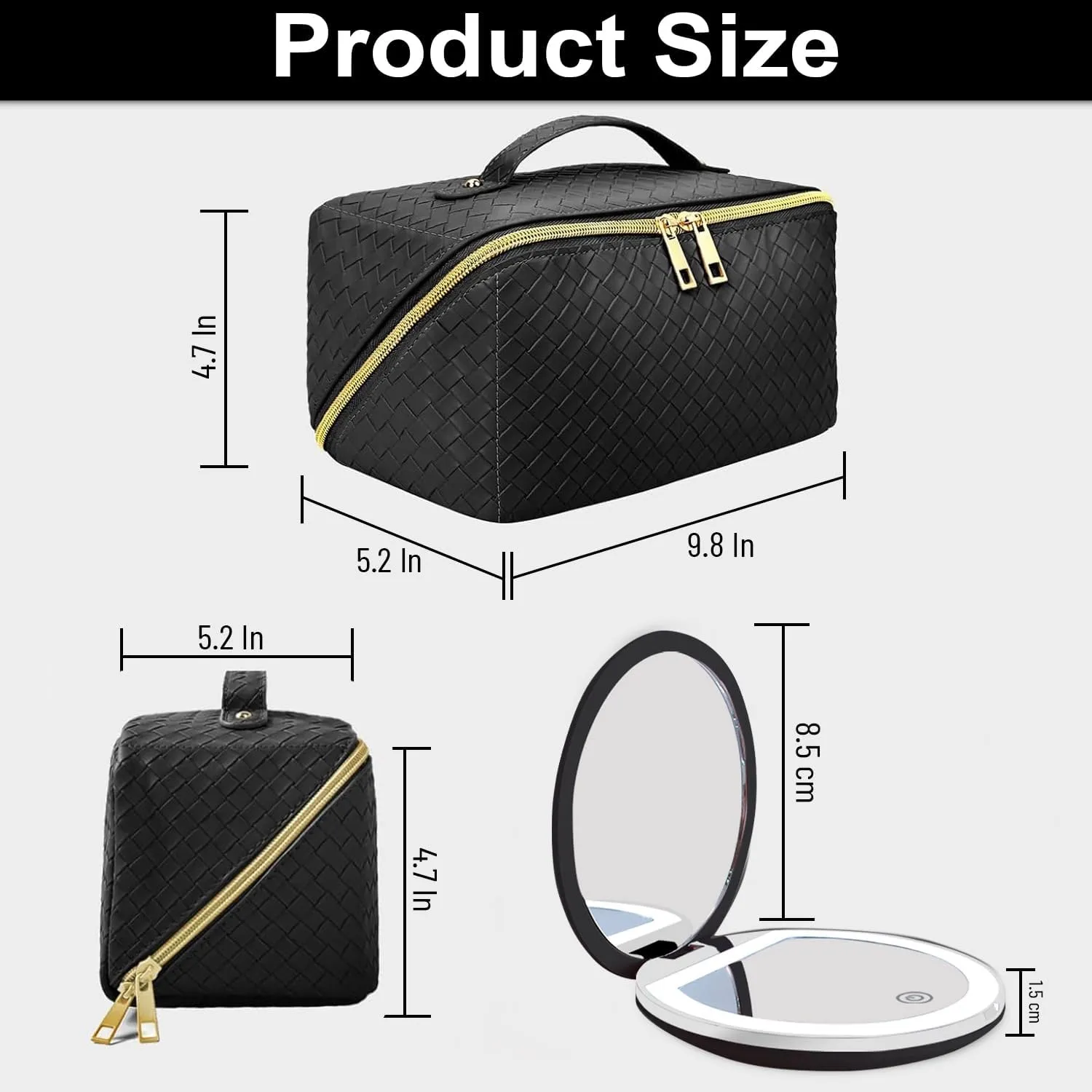 Travel Cosmetic Bags for Women - PU Leather Makeup Bag with Led Pocket Mirror - Waterproof Make up Organizers Bag - Makeup Toiletry Travel Bag - Cosmetics Organizer Bag - Makeup Travel Case