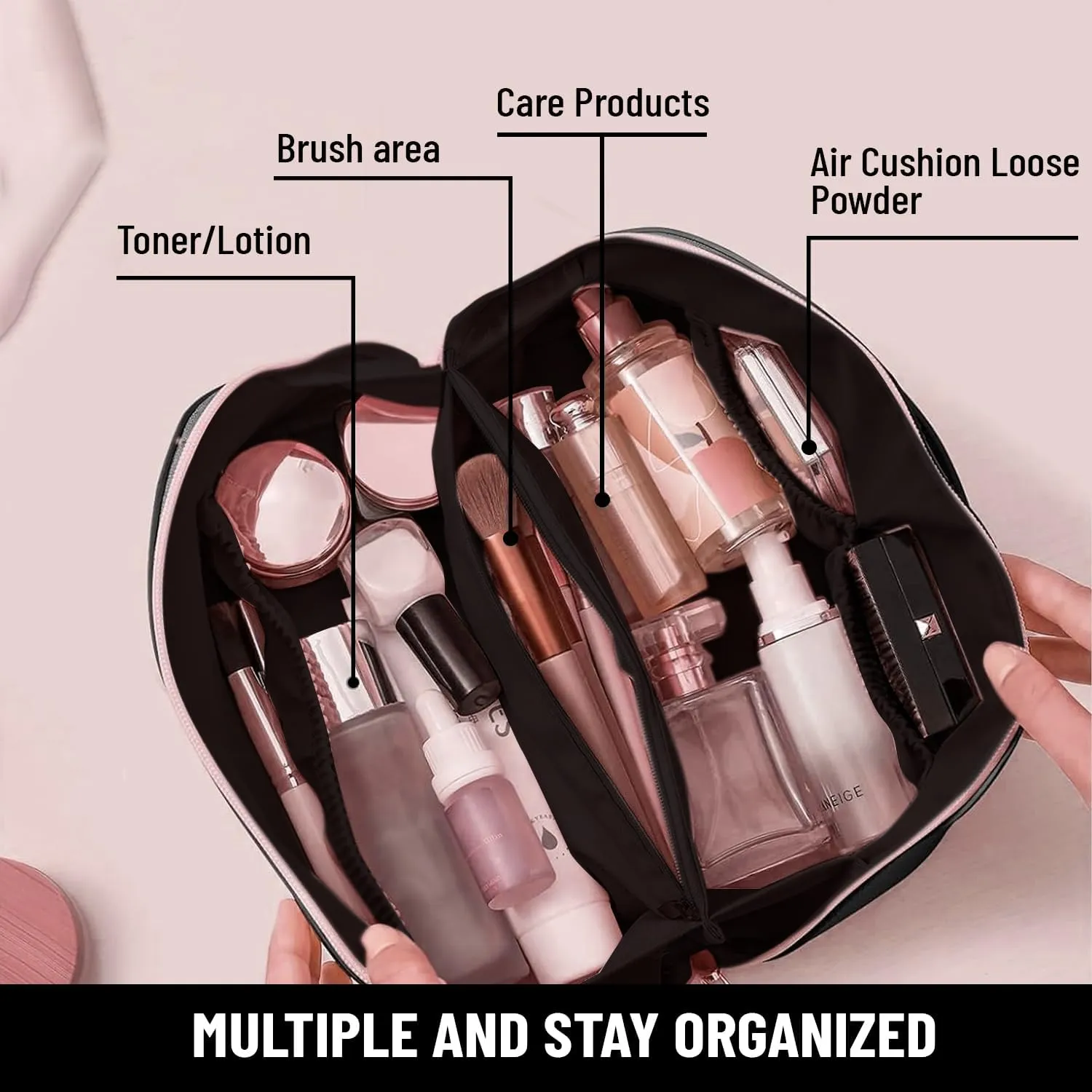 Travel Cosmetic Bags for Women - PU Leather Makeup Bag with Led Pocket Mirror - Waterproof Make up Organizers Bag - Makeup Toiletry Travel Bag - Cosmetics Organizer Bag - Makeup Travel Case