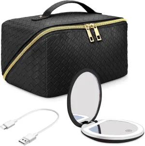 Travel Cosmetic Bags for Women - PU Leather Makeup Bag with Led Pocket Mirror - Waterproof Make up Organizers Bag - Makeup Toiletry Travel Bag - Cosmetics Organizer Bag - Makeup Travel Case
