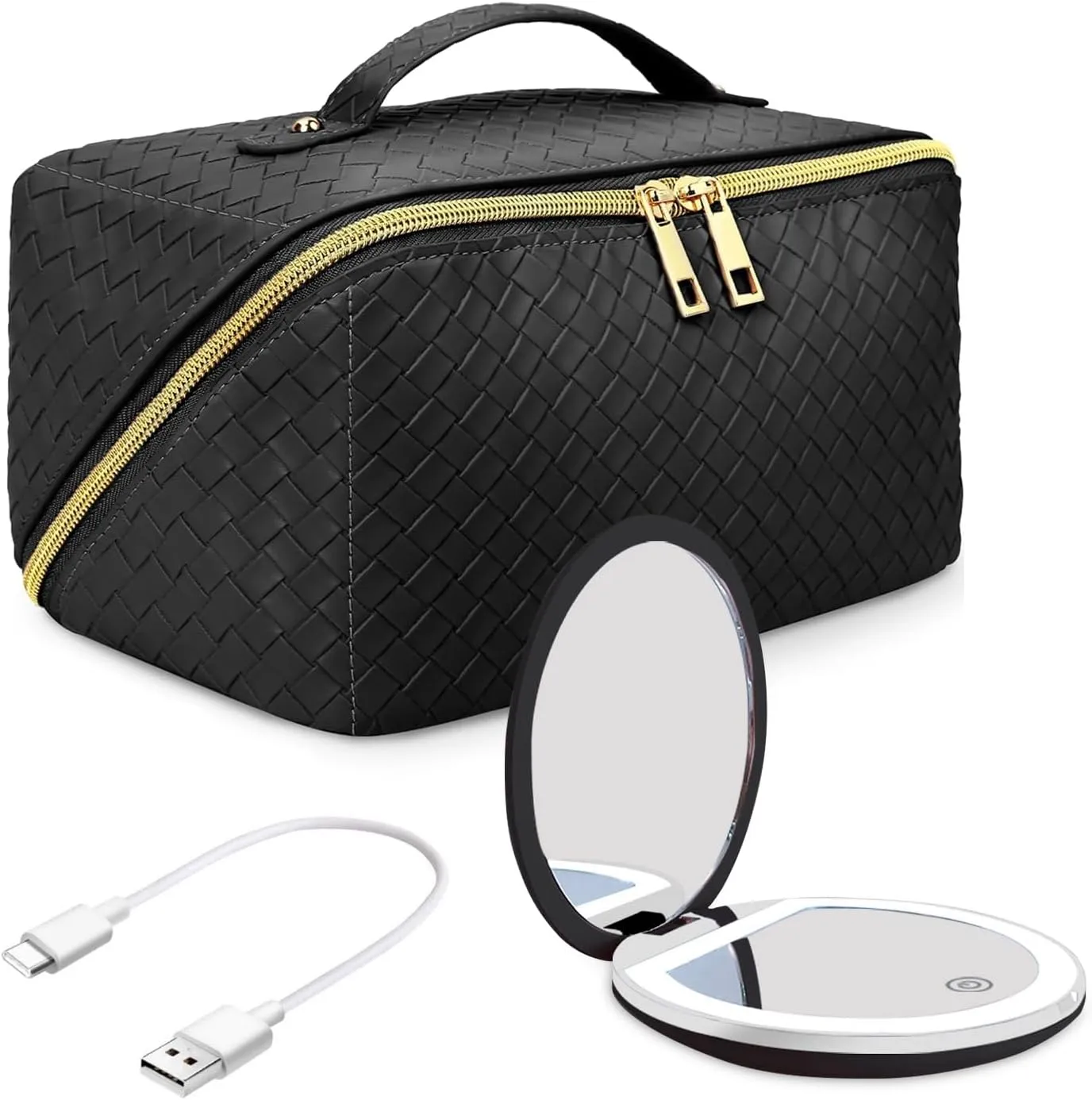 Travel Cosmetic Bags for Women - PU Leather Makeup Bag with Led Pocket Mirror - Waterproof Make up Organizers Bag - Makeup Toiletry Travel Bag - Cosmetics Organizer Bag - Makeup Travel Case