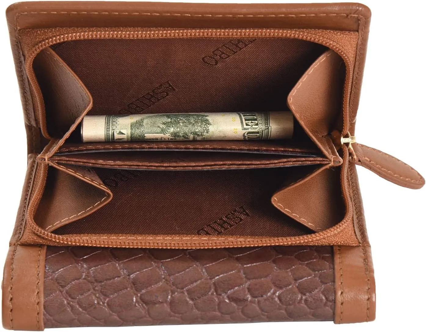 Tri Fold Nappa Flat Geniune Leather Large Capacity Croco Emobossed Printed Compact Wallet for Women With ID Windows Zipper Pocket Multipurpose Use Women Wallet