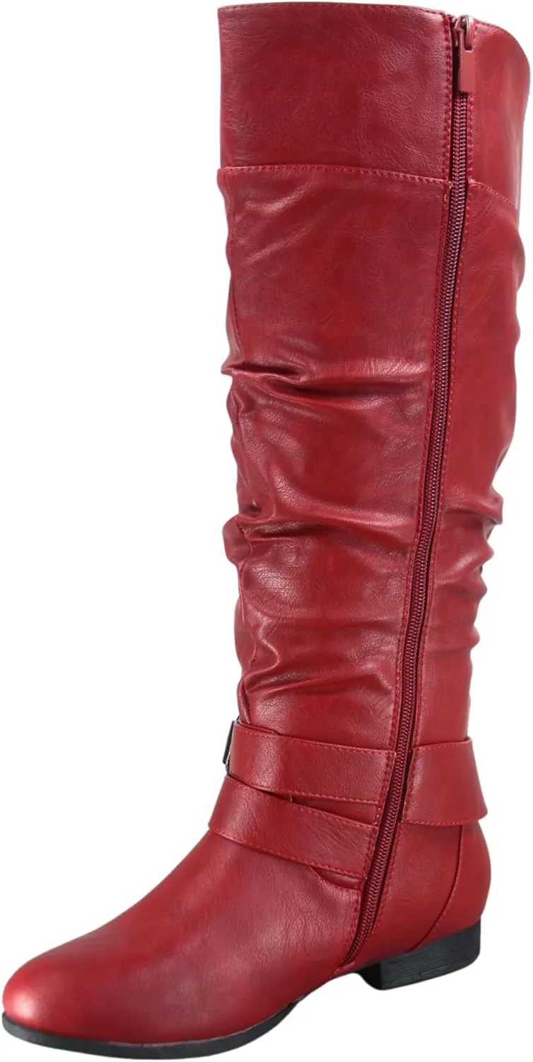 TZ Lily-20 Women's Knee High Riding Boots Low Flat Heel Winter Side Zip Buckles Boots Shoes