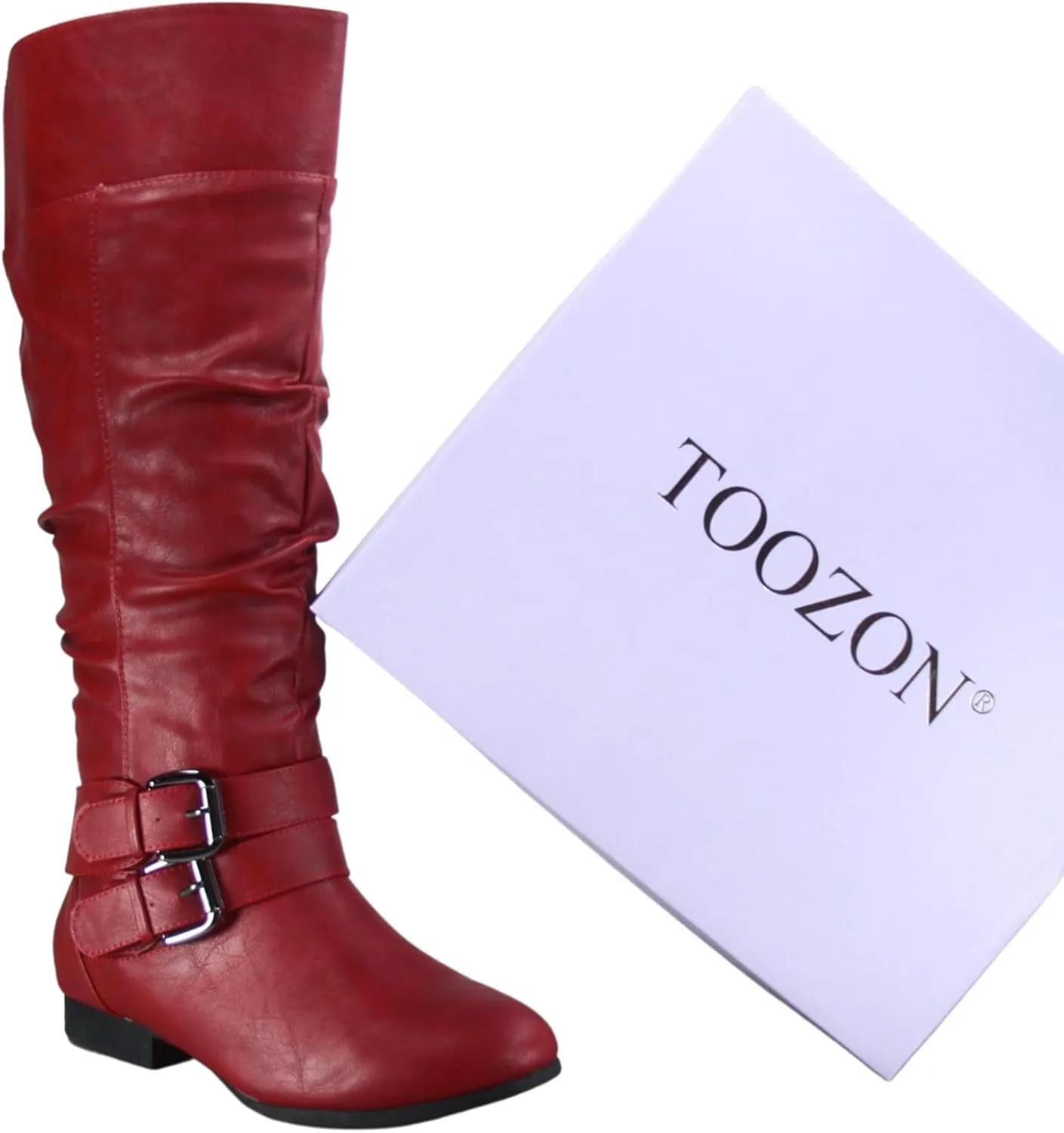TZ Lily-20 Women's Knee High Riding Boots Low Flat Heel Winter Side Zip Buckles Boots Shoes