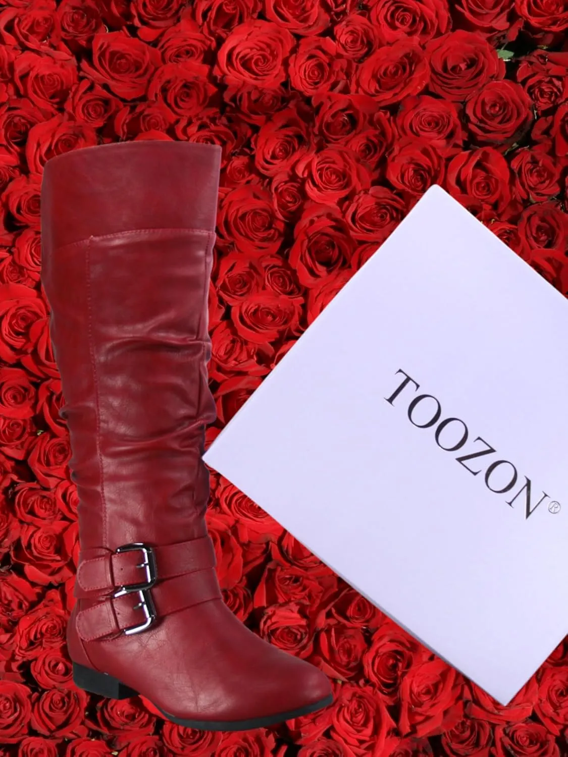 TZ Lily-20 Women's Knee High Riding Boots Low Flat Heel Winter Side Zip Buckles Boots Shoes