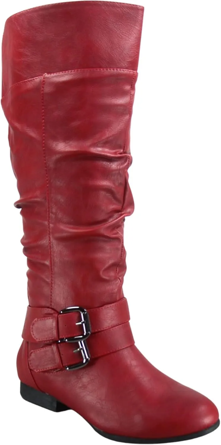 TZ Lily-20 Women's Knee High Riding Boots Low Flat Heel Winter Side Zip Buckles Boots Shoes