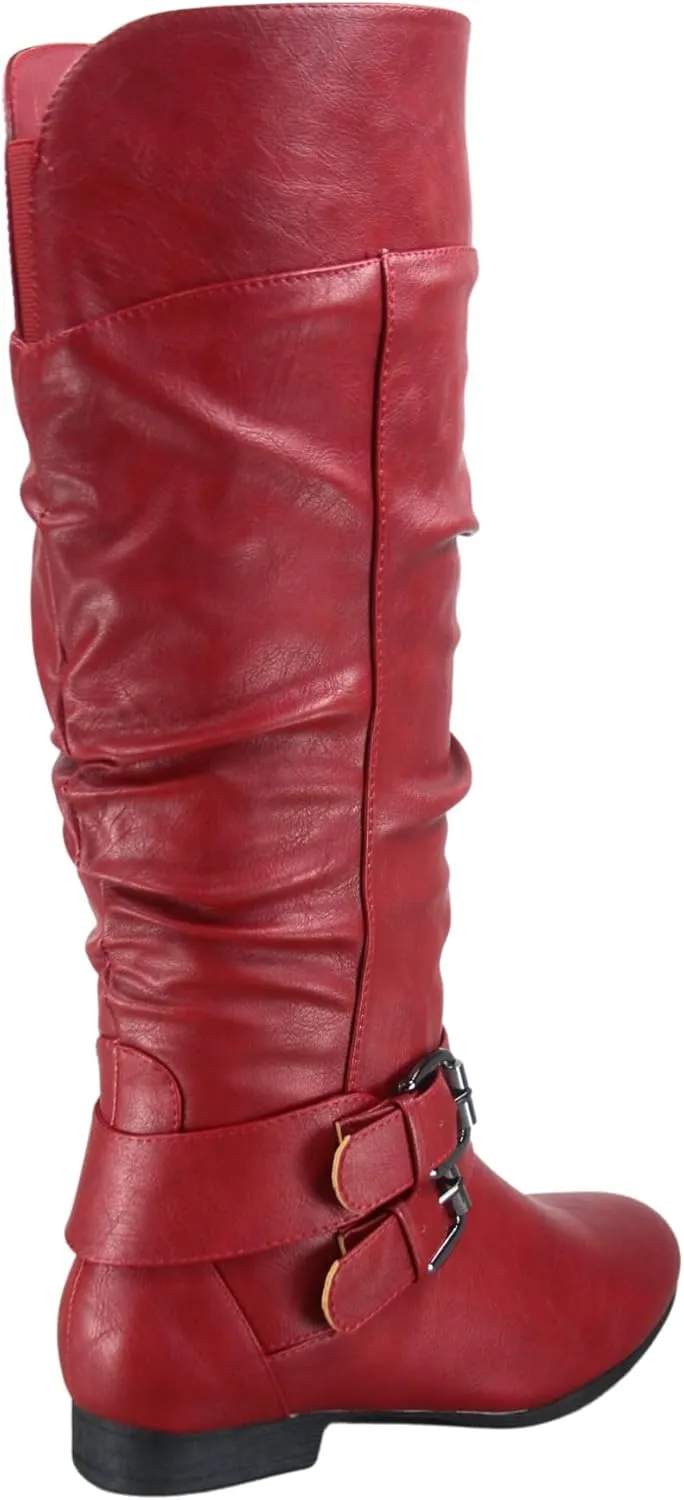 TZ Lily-20 Women's Knee High Riding Boots Low Flat Heel Winter Side Zip Buckles Boots Shoes