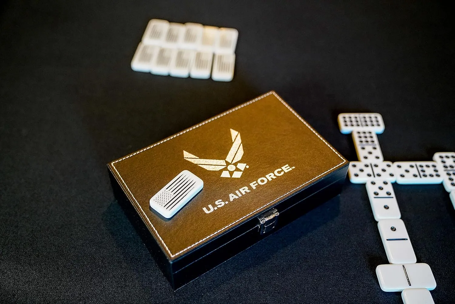 US Air Force Double Nine Dominoes Set in Leather Box for Families and Kids Ages 8 and up - Play Chicken Foot, Mexican Train - Veteran Owned Business