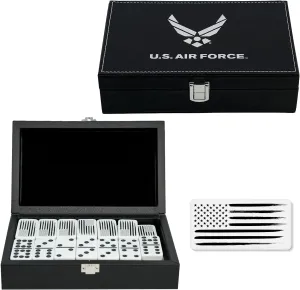 US Air Force Double Nine Dominoes Set in Leather Box for Families and Kids Ages 8 and up - Play Chicken Foot, Mexican Train - Veteran Owned Business