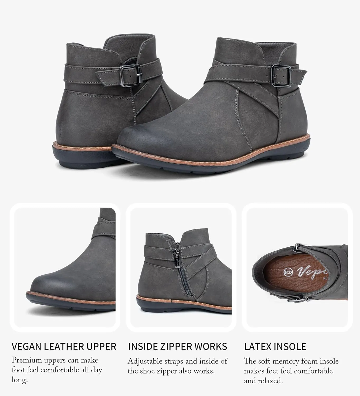 Vepose Womens 9005 Flat Ankle Boots, No Heel Round Toe Short Booties