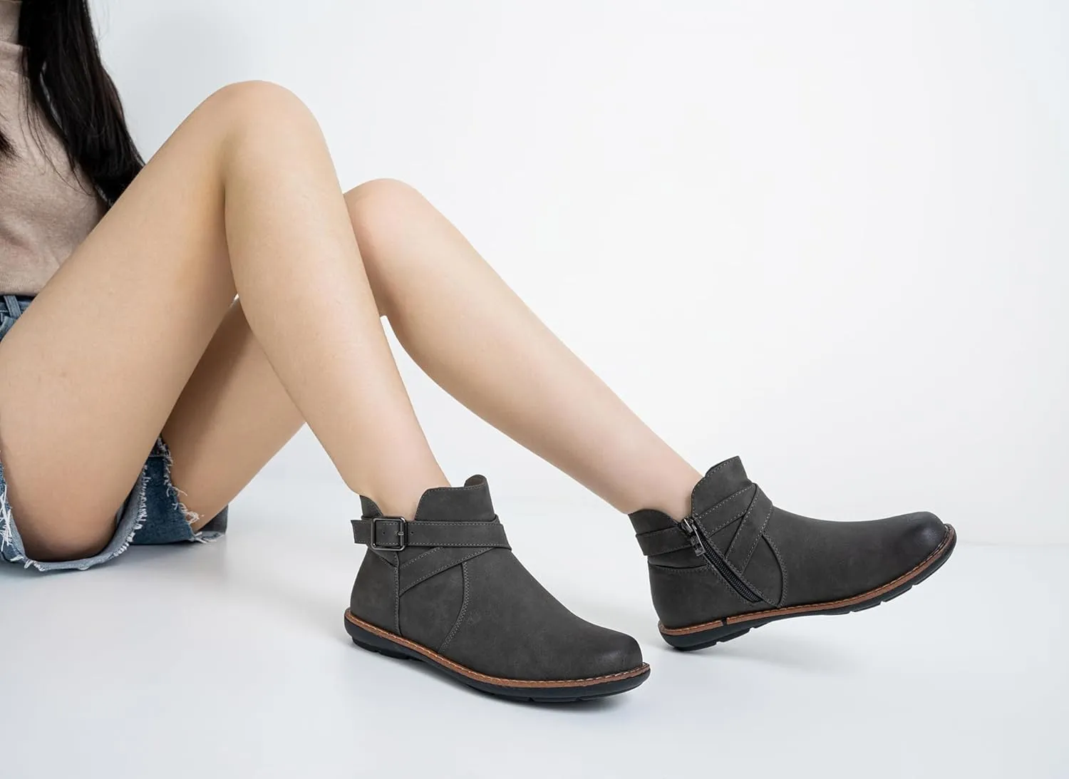 Vepose Womens 9005 Flat Ankle Boots, No Heel Round Toe Short Booties