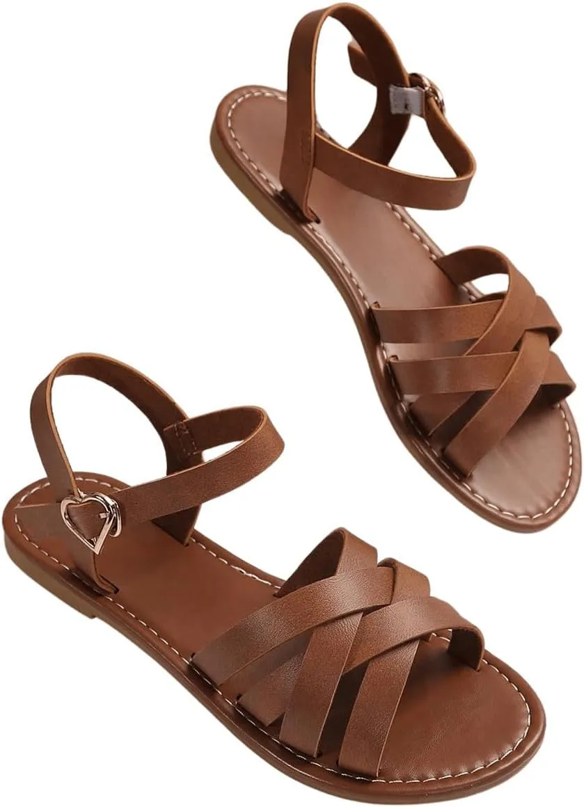 Verdusa Women's Crisscross Strappy Leather Sandals Summer Open Toe Roman Flat Sandals