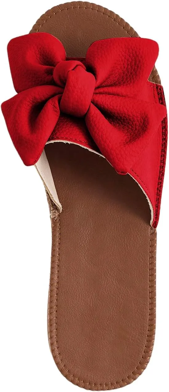 Verdusa Women's Open Toe Flat Sandals Bow Knot Slides Leather Summer Slippers