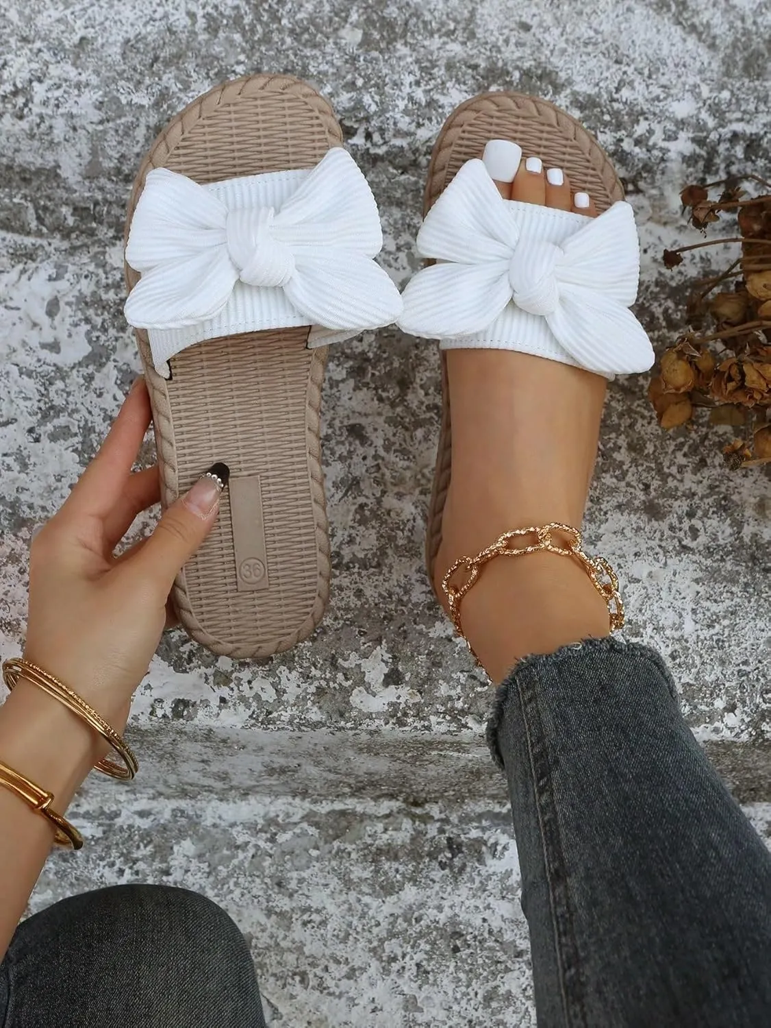 Verdusa Women's Open Toe Flat Sandals Bow Knot Slides Leather Summer Slippers