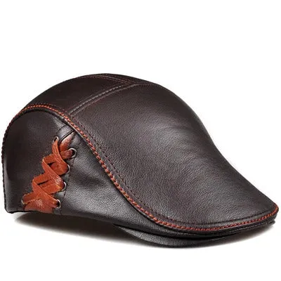 Vintage Fitted Leather Flat Ivy Cap with Braided Detail - Fushia