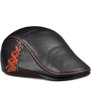 Vintage Fitted Leather Flat Ivy Cap with Braided Detail - Fushia