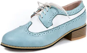 VOKLIN Women's Casual Flat Saddle Oxford Shoes Wingtip Lace Up Comfort Low Heel Vintage Oxfords Brogues Shoe