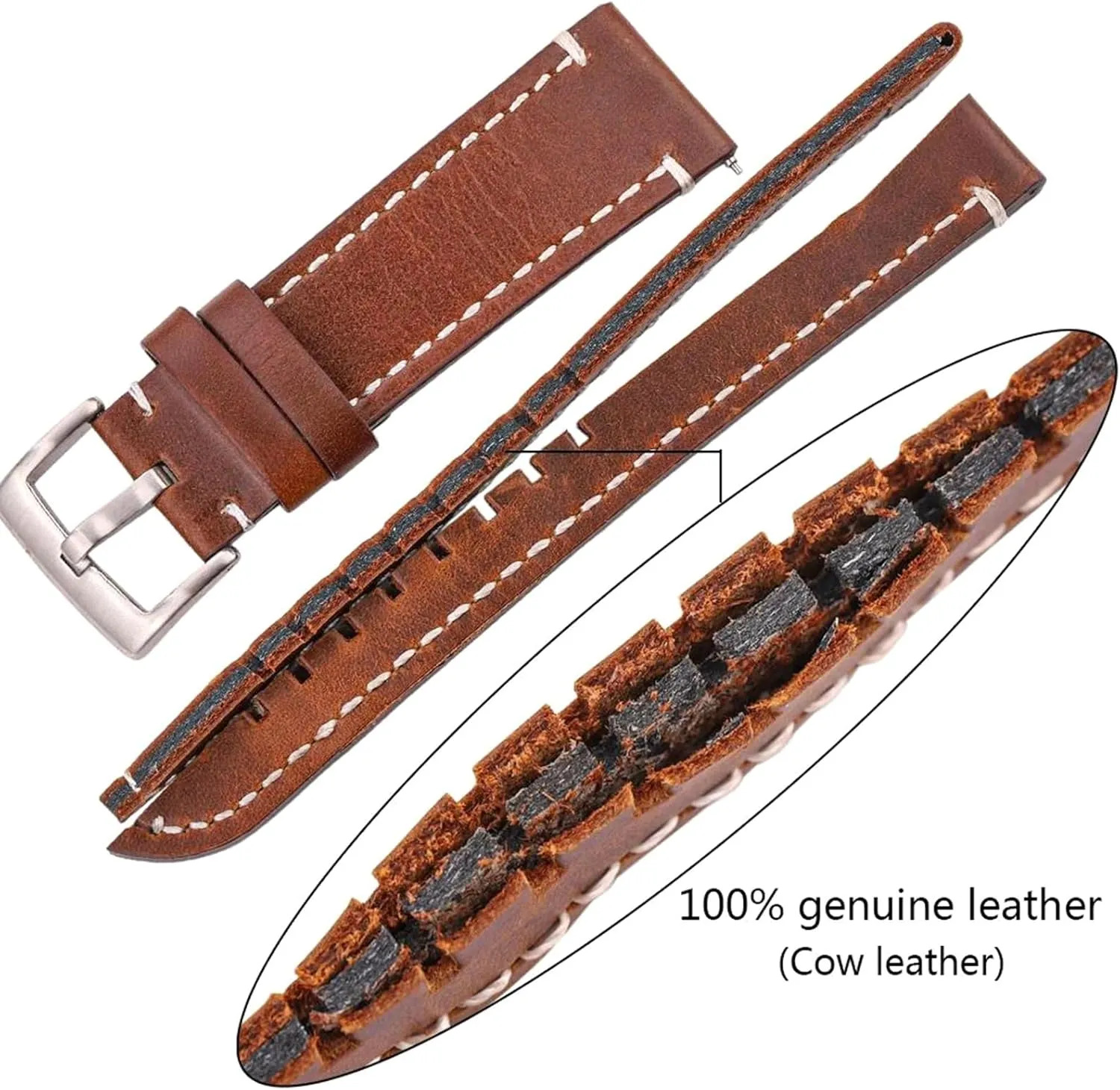 Watch straps,18/20/22/24mm Vintage Flat Smooth Waterproof Genuine Leather Watch Strap with Silvery/Black Pin Buckle