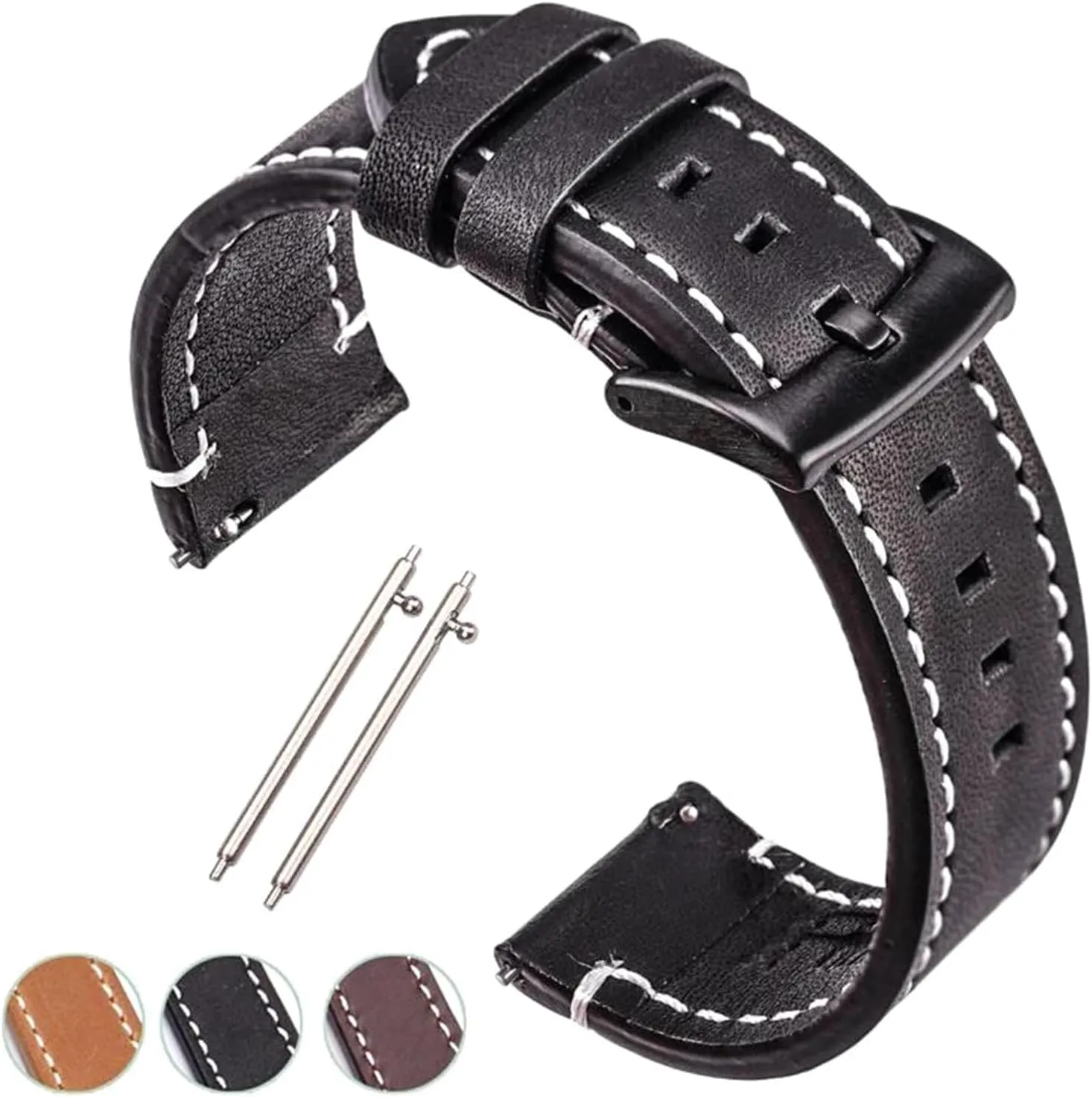Watch straps,18/20/22/24mm Vintage Flat Smooth Waterproof Genuine Leather Watch Strap with Silvery/Black Pin Buckle