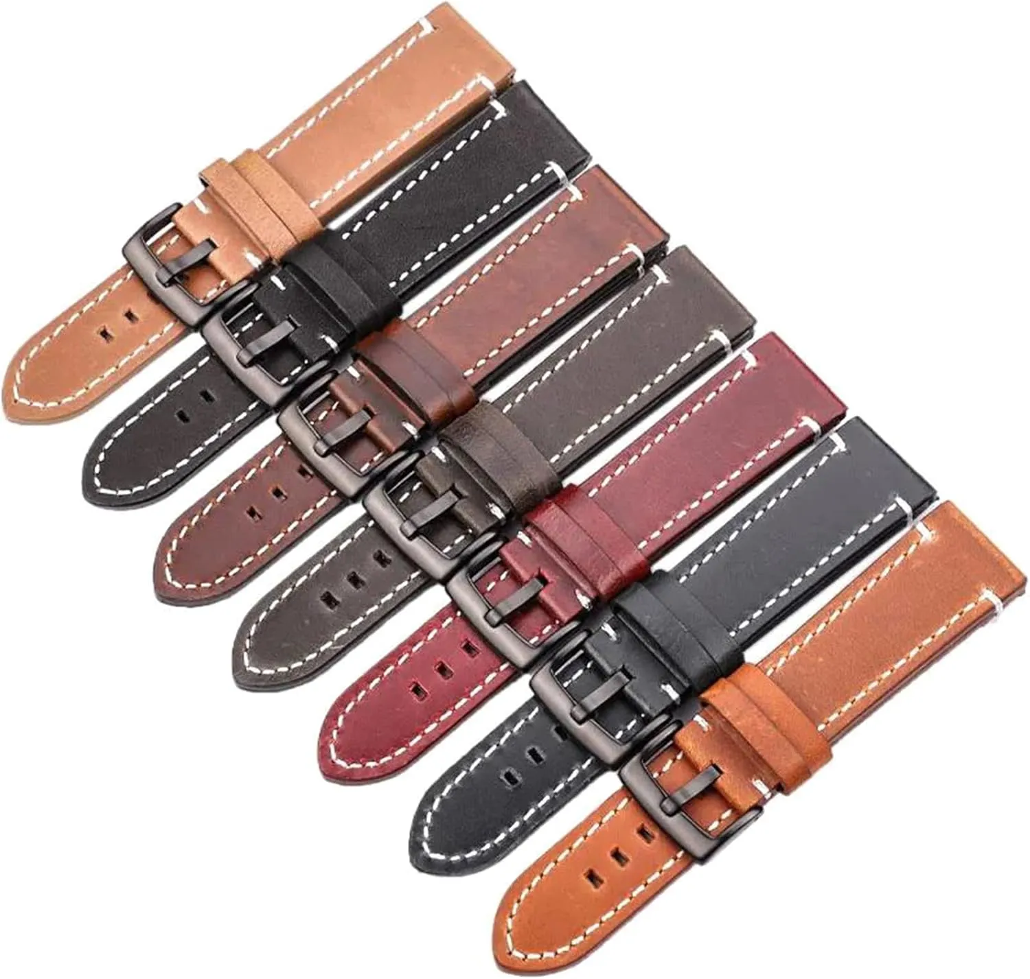 Watch straps,18/20/22/24mm Vintage Flat Smooth Waterproof Genuine Leather Watch Strap with Silvery/Black Pin Buckle