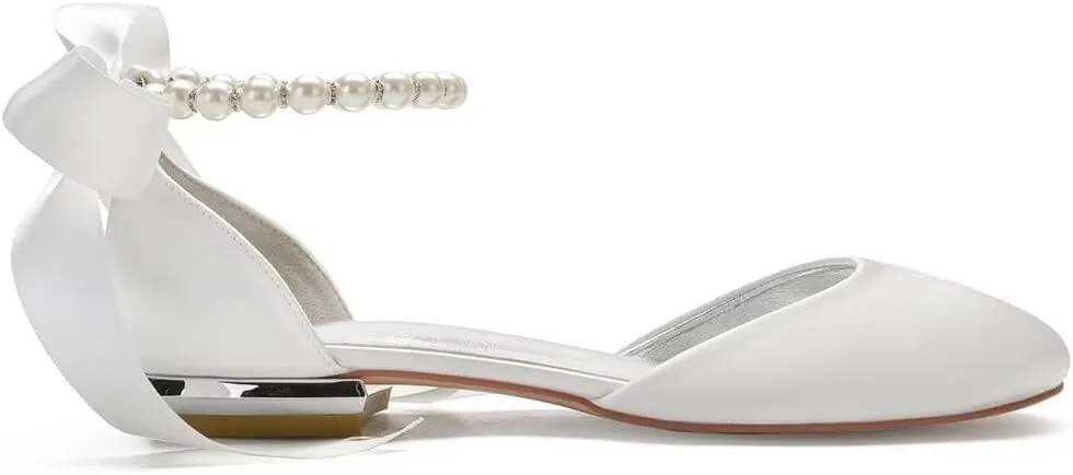 Wedding Shoes Flats for Bride Satin Pearls Round Toe Women Dress Shoes for Special Occasions