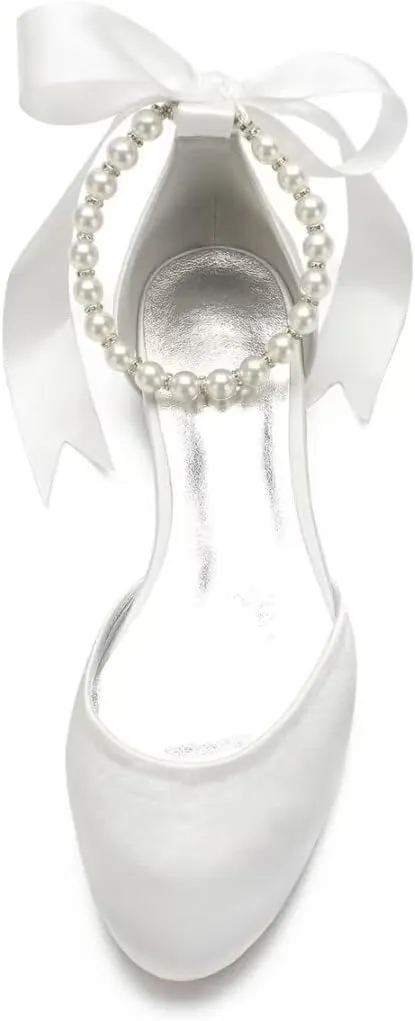 Wedding Shoes Flats for Bride Satin Pearls Round Toe Women Dress Shoes for Special Occasions