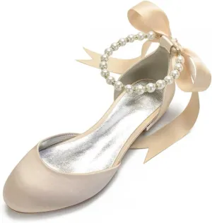 Wedding Shoes Flats for Bride Satin Pearls Round Toe Women Dress Shoes for Special Occasions