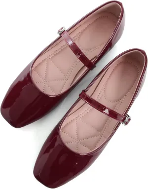 WENJIAZHIZHI Women's Square Toe Mary Jane Ballet Flat Shoes Comfortable Patent Leather Dressy Casual Slip-On Ballerina Walking Flats Burgundy Size 6