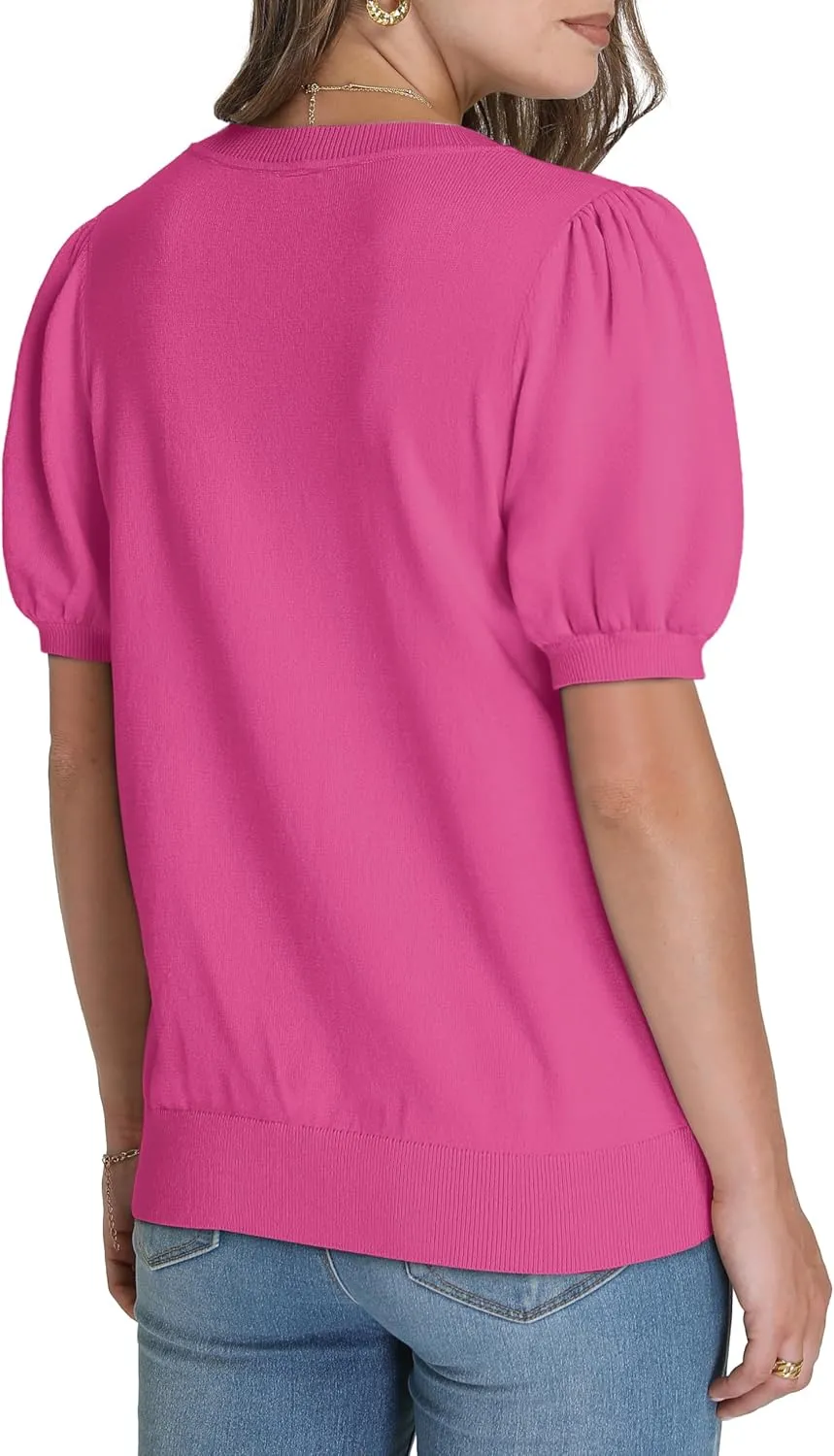 WIHOLL Women's Puff Short Sleeve Sweater 2025 Spring Summer Tops Trendy Business Casual Outfits Work Blouses Clothes
