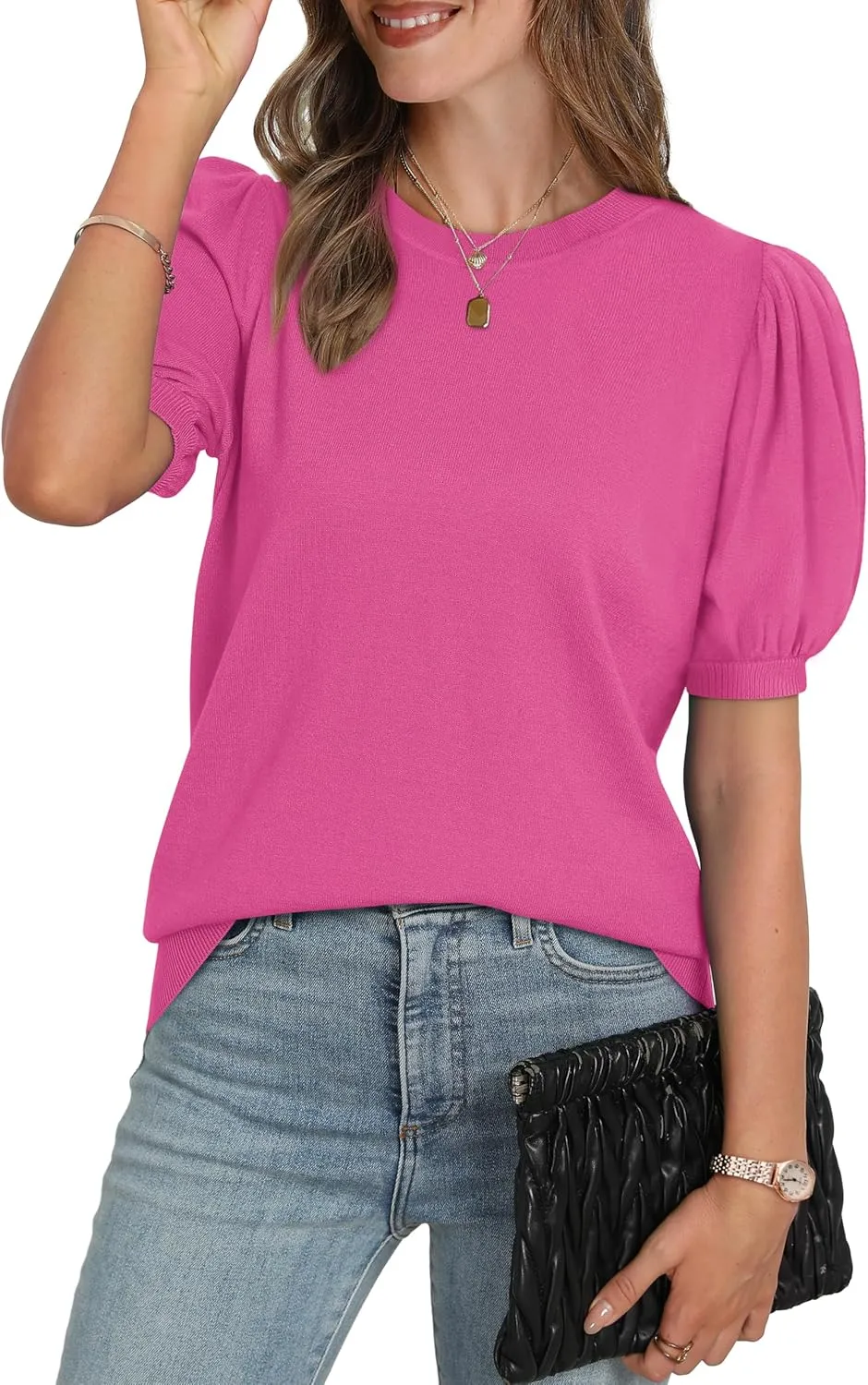 WIHOLL Women's Puff Short Sleeve Sweater 2025 Spring Summer Tops Trendy Business Casual Outfits Work Blouses Clothes