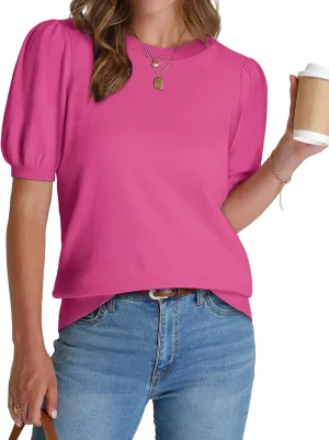 WIHOLL Women's Puff Short Sleeve Sweater 2025 Spring Summer Tops Trendy Business Casual Outfits Work Blouses Clothes