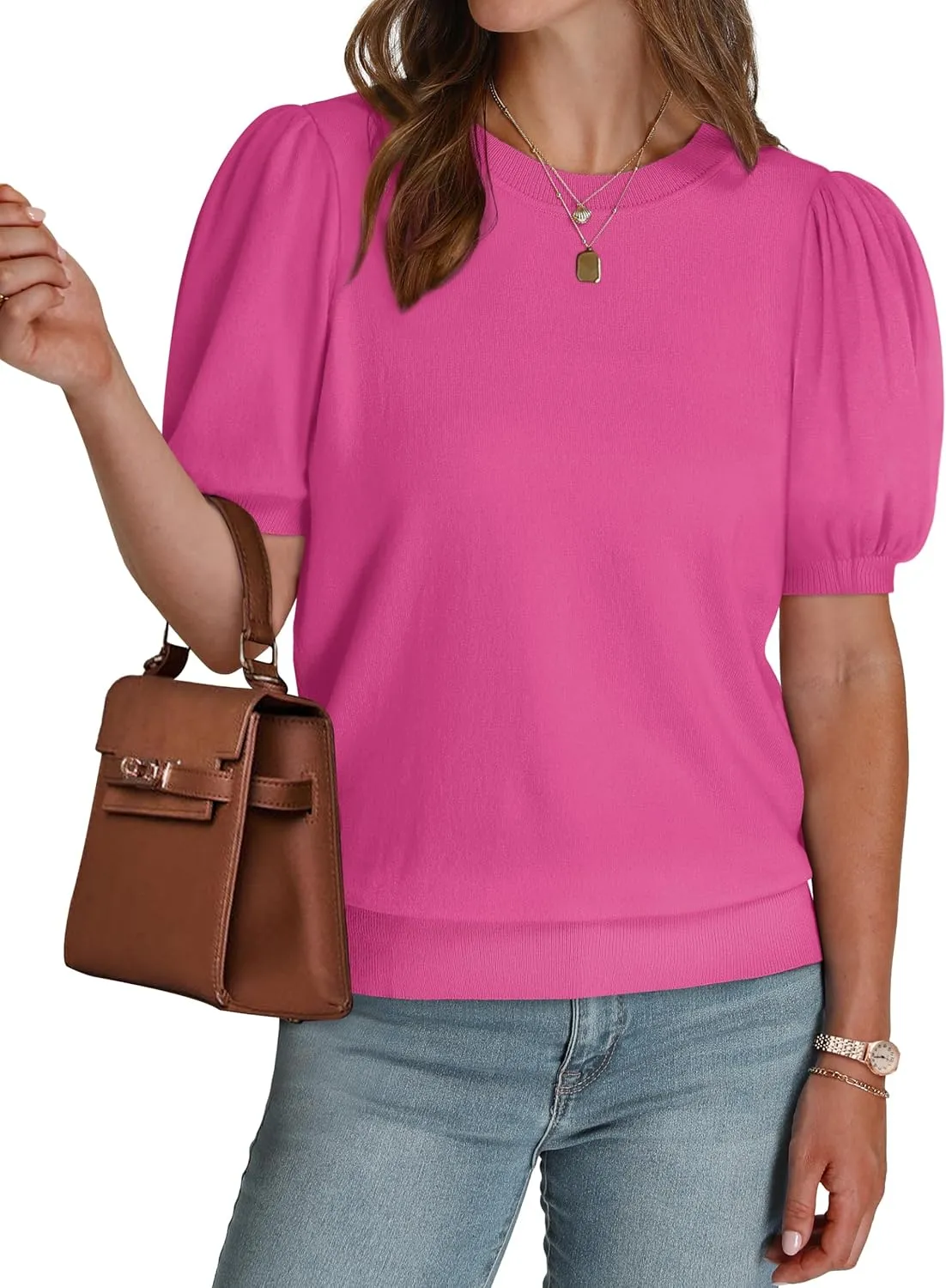 WIHOLL Women's Puff Short Sleeve Sweater 2025 Spring Summer Tops Trendy Business Casual Outfits Work Blouses Clothes