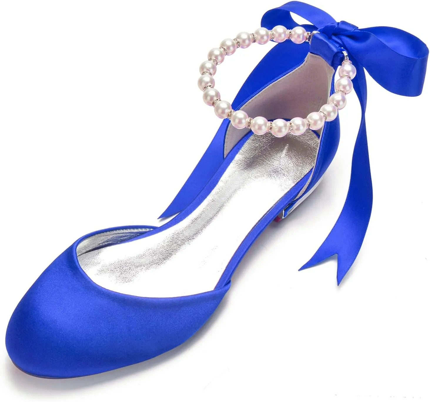 Women Satin Pearls Wedding Flats Shoes for Bride Round Toe Prom Evening Bridal Party Dress Flats