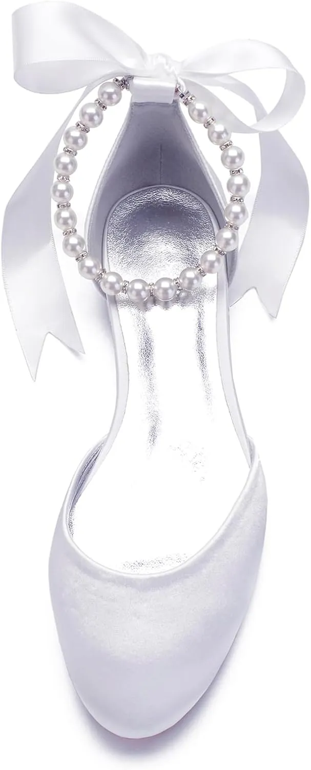 Women Satin Pearls Wedding Flats Shoes for Bride Round Toe Prom Evening Bridal Party Dress Flats