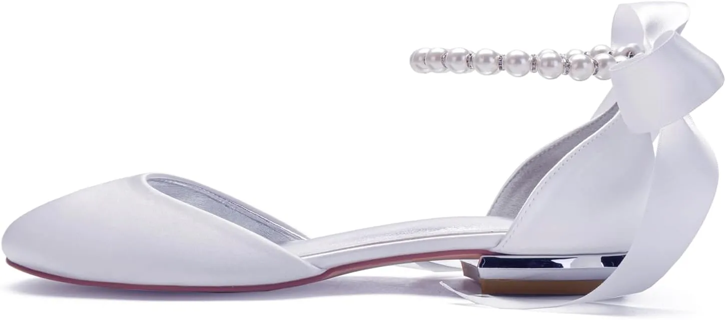Women Satin Pearls Wedding Flats Shoes for Bride Round Toe Prom Evening Bridal Party Dress Flats