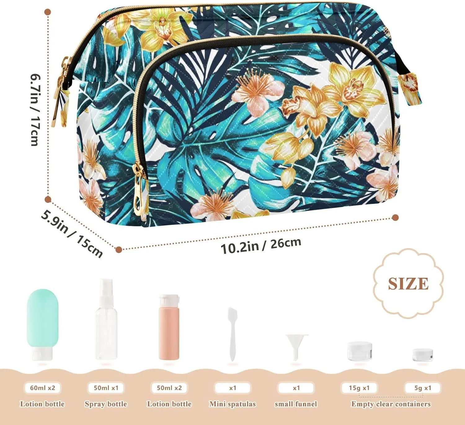 Women Wave Quilt Cosmetic Bag, Storage Pouch Handbag Makeup Case Zipper Toiletry Purse Holder Organizer 10.2x5.9x6.7 in Turquoise Blue Tropical Palm Trees Leaves Yellow Orchid Flowers