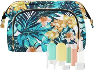 Women Wave Quilt Cosmetic Bag, Storage Pouch Handbag Makeup Case Zipper Toiletry Purse Holder Organizer 10.2x5.9x6.7 in Turquoise Blue Tropical Palm Trees Leaves Yellow Orchid Flowers