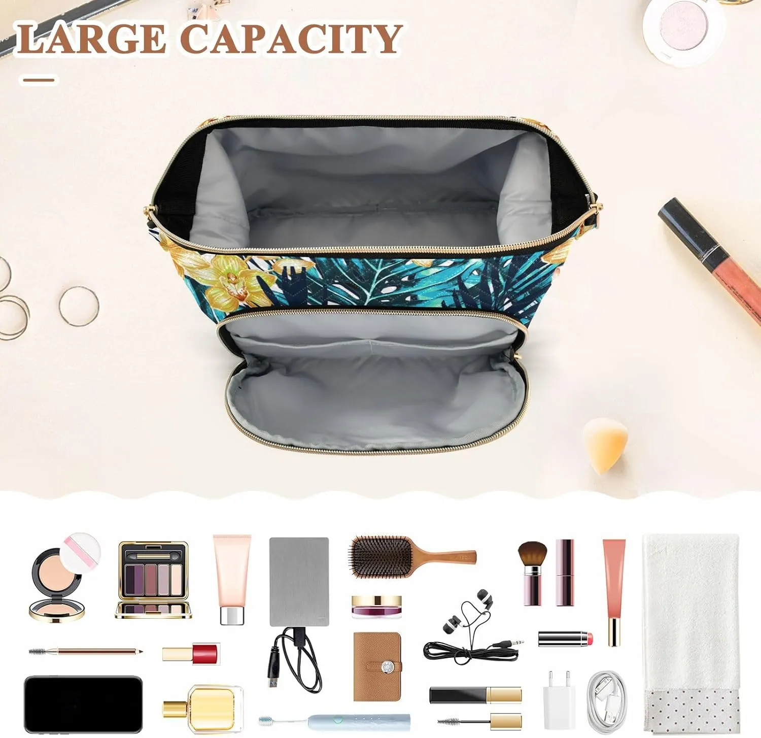 Women Wave Quilt Cosmetic Bag, Storage Pouch Handbag Makeup Case Zipper Toiletry Purse Holder Organizer 10.2x5.9x6.7 in Turquoise Blue Tropical Palm Trees Leaves Yellow Orchid Flowers