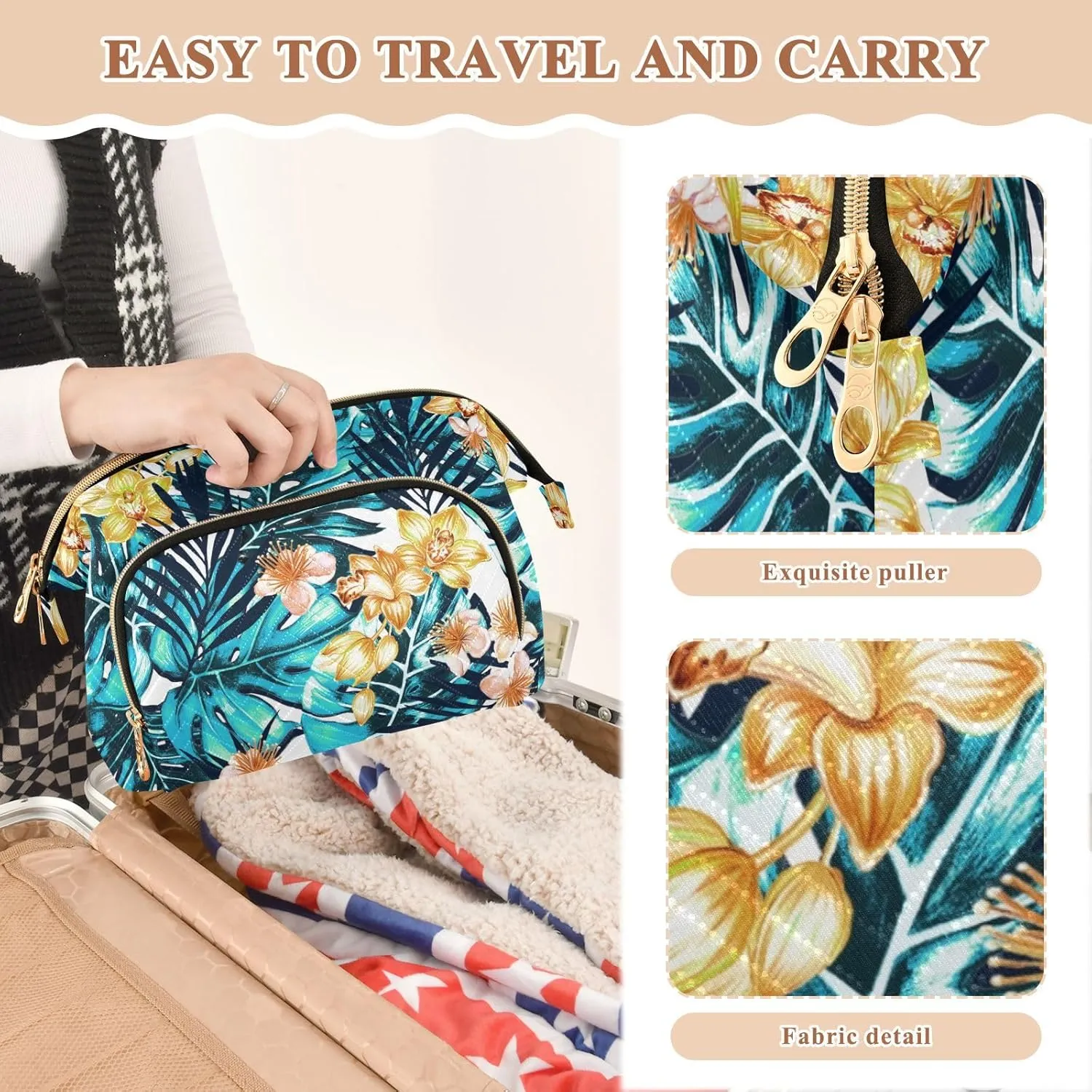 Women Wave Quilt Cosmetic Bag, Storage Pouch Handbag Makeup Case Zipper Toiletry Purse Holder Organizer 10.2x5.9x6.7 in Turquoise Blue Tropical Palm Trees Leaves Yellow Orchid Flowers