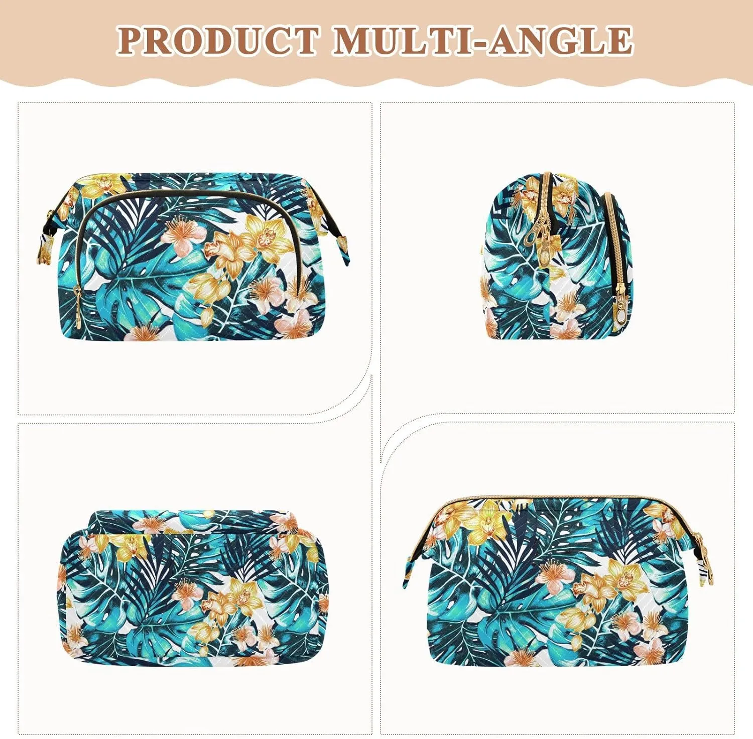 Women Wave Quilt Cosmetic Bag, Storage Pouch Handbag Makeup Case Zipper Toiletry Purse Holder Organizer 10.2x5.9x6.7 in Turquoise Blue Tropical Palm Trees Leaves Yellow Orchid Flowers