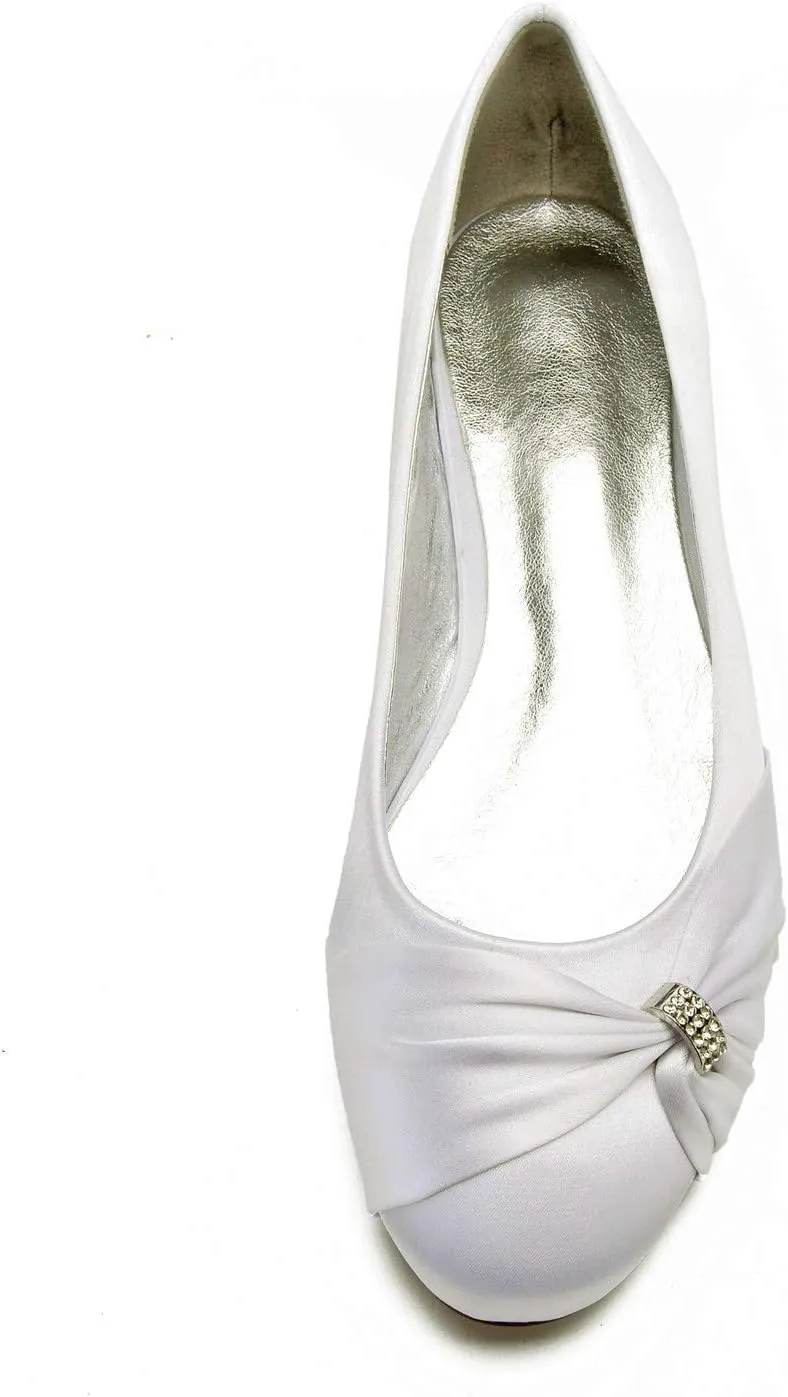 Women's Bridal Shoes Round Toe Satin Rhinestone Low Heel Flat Evening Ballerina Ballet Flats
