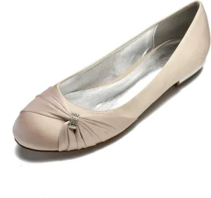 Women's Bridal Shoes Round Toe Satin Rhinestone Low Heel Flat Evening Ballerina Ballet Flats