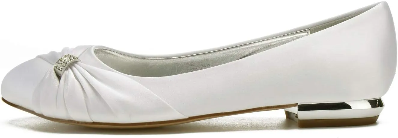 Women's Bridal Shoes Round Toe Satin Rhinestone Low Heel Flat Evening Ballerina Ballet Flats